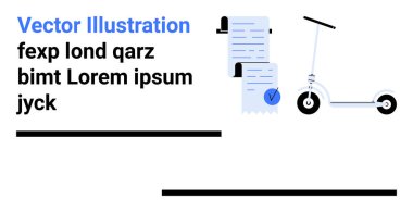 Metin bloğu, belge kontrol listesi ve vektör scooter. Web tasarımı, iş sunumları, eğitim materyalleri, pazarlama, bilgi grafikleri, kullanıcı rehberleri ve uygulama arayüzleri için ideal. İniş sayfası