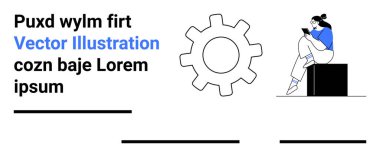 Genç bir kadın bir kutunun üzerinde otururken akıllı telefon kullanıyor, büyük bir vites sembolü ve yer tutucu metnin yanında. Teknoloji, üretkenlik, dijital iletişim, modern yaşam, iş akışı süreçleri için ideal