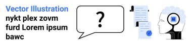 Lorem ipsum 'a mesaj at, konuşma balonunda soru işareti, belgeler ve yapay zekayla kafa. SEO, analitik, yapay zeka, dil işleme, içerik oluşturma, makine öğrenme, akademik araştırma için ideal