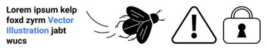 Uyarı işaretinin yanında uçan böcek ve asma kilit siber güvenlik tehditlerini vurguluyor. Çevrimiçi güvenlik, veri koruması, risk yönetimi, kırılganlık alarmı, sahte önleme, güvenlik yönergeleri için ideal