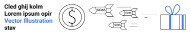 DDoS saldırılarının hedeflediği dolar sikkesi paketlenmiş bir hediye kutusuna doğru giden füzeler olarak gösteriliyor. Siber güvenlik kavramları, çevrimiçi tehditler, mali güvenlik, e-ticaret riskleri, dijital