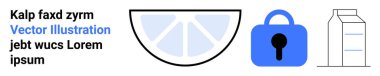 Limon dilimleri bölümlere bölünmüş anahtar delikli mavi asma kilit ve Lorem Ipsum metninin yanında minimalist süt kutusu. Gıda ürünleri, güvenlik uygulamaları, minimal tasarımlar ve eğitim için ideal