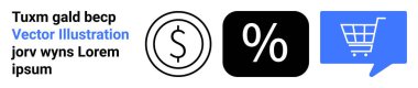 Çemberde dolar işareti, siyah karede yüzde işareti, konuşma balonunda mavi alışveriş arabası. Yukarıdaki yer tutucu metin. Çevrimiçi alışveriş, e-ticaret, indirimler, satışlar, promosyonlar, pazarlama için ideal