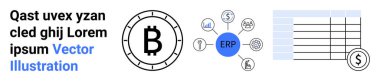 Çemberdeki kripto para birimi sembolü, simgeleri birleştiren ERP sistemi ve hesap tablosu elemanları kusursuz iş süreci entegrasyonunu tasvir eder. Finans, işletme yönetimi ve ERP sistemleri için ideal