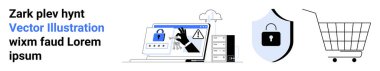 Kilitli ve eli olan bilgisayar ekranı, kilidi olan kalkan ve minimal tasarımı olan alışveriş arabası. Çevrimiçi güvenlik, e-ticaret, veri koruması, siber güvenlik ve teknoloji için ideal. İniş afişi