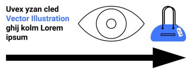 İçinde metin olan göz sembolü, fiyat etiketli mavi bir çanta ve sağı gösteren kalın siyah bir ok. Vizyon, moda, yön, navigasyon, e-ticaret, pazarlama reklamcılığı için ideal