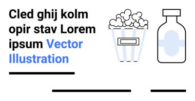 Patlamış mısır kovası ve ilaç şişesi stilize metnin yanında. Sağlık, eğlence, eğitim, bilgi, pazarlama, web siteleri, sunumlar için idealdir. İniş sayfası