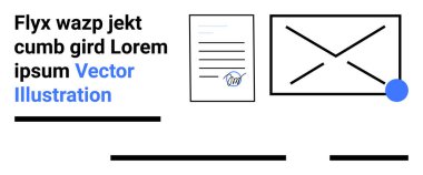 Siyah çizgiler, Flyx wazp jekt cumb gird Lorem ipsum, imzalı bir belge ve mavi noktalı bir zarf simgesi. İş iletişimi, e-postalar, belgeler, yazışmalar, imzalar için ideal