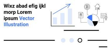 Yukarı doğru eğilim oklu bar tablosu, finans simgeli pasta tablosu, soyut şekiller ve yer tutucu metni. Ticari analizler, finansal büyüme, yatırım stratejileri, veri görselleştirmesi için ideal