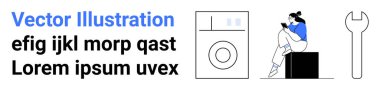 Akıllı telefon, çamaşır makinesi ve büyük ingiliz anahtarı kullanan bir kadın. Teknik destek, cihaz onarımı, müşteri hizmetleri, DIY dersleri, teknolojik çözümler, ev bakımı için ideal