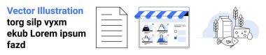 Çevrimiçi vitrin grafiği, belge simgesi, buğdaylı peynir ve süt. E-ticaret, dijital pazarlama, çevrimiçi dükkanlar, ürün listeleri, web tasarımı, dijital içerik oluşturma ve tarım için ideal