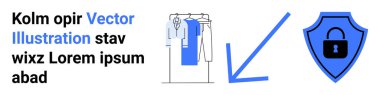 Elbiseli gardırop, mavi ok kilidi olan bir güvenlik kalkanı ve solda yer tutucu metin. Moda, güvenlik, çevrimiçi alışveriş, mahremiyet, veri koruması için ideal