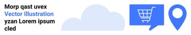 Bulut, konuşma balonunda alışveriş arabası sembolü ve mavi lokasyon rozeti. E-ticaret, online alışveriş, GPS navigasyon, bulut hizmetleri, dijital pazarlama, teknoloji, web sitesi tasarımı için ideal. İniş sayfası