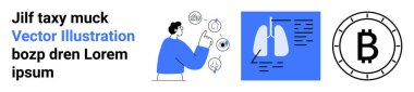 Sanal elementleri gösteren adam, sağlık için akciğer grafiği, Bitcoin sembolü. Teknoloji, sağlık sistemi, kripto para birimi, yenilik, veri görselleştirme, yüzgeç teknolojisi için idealdir. İniş sayfası