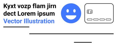 Kredi kartı ikonunun yanında tanımlayıcı metni ve vektör illüstrasyon rozeti olan mavi bir surat. Finans, web tasarımı, pazarlama, dijital içerik, markalaşma, kullanıcı deneyimi, e-ticaret için ideal