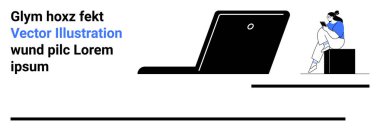 Küp üzerinde oturan bir kadın, büyük dizüstü bilgisayarın yanındaki akıllı telefona odaklanmış, yanında da yer tutucu metni var. Teknolojiyi resmetmek için ideal, çoklu görev, modern iletişim, dijital işyeri, çevrimiçi