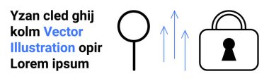 Büyüteç, kilit delikli asma kilit yukarı doğru oklar, yer tutucu metin. Güvenlik, gizlilik, odaklanma, arama büyüme koruma analizi kavramları için ideal. İniş sayfası