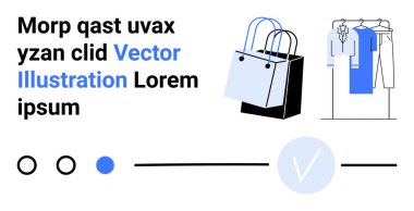Siyah ve mavi yazılar, alışveriş torbaları, elbise askılığı ve minimalist simgeler. Ekommerce platformları, moda blogları, perakende web siteleri, çevrimiçi alışveriş uygulamaları, dijital pazarlama sosyal medya için ideal
