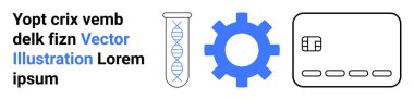 Test tube with DNA pattern, blue gear icon, and credit card. Ideal for technology, science, genetic research, finance, payment systems digital innovation educational content. Landing page clipart