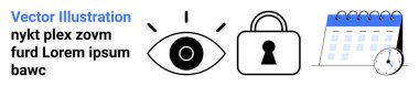 Görmeyi sembolize eden göz simgesi, güvenliği temsil eden kilit ve saat çizelgesi olan takvim. Gizlilik, güvenlik, zaman yönetimi, organizasyon, planlama ve izleme konuları için ideal
