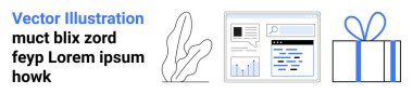 Vektör çizimleri, basit bir bitki, grafiklerle web sitesi arayüzü ve kurdeleli bir hediye kutusu hakkında metin. Çevrimiçi öğrenim, web geliştirme, e-ticaret, dijital pazarlama, iş için ideal