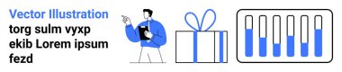 Mavi ceketli iş adamı mesajı gösteriyor, büyük hediye kutusu mavi çizgili ilerleme çizelgesi, metin vektörü illüstrasyonu. İş sunumları için ideal, başarı, motivasyon, ilerleme