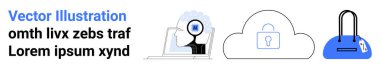 Genişletici gözlüklü bir laptop, güvenli depolamayı temsil eden kilitli bir bulut ve güvenli bir çanta kullanan bir kişi. Çevrimiçi güvenlik, veri koruması, kimlik doğrulama, bulut hesaplama, güvenli