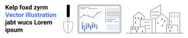 Data graph, line and bar charts, shovel, buildings, text block. Ideal for real estate, data analysis, urban planning, statistics, construction, growth monitoring, business analytics Landing page clipart