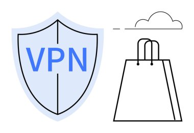 Bulut ve alışveriş poşeti simgelerinin yanında VPN yazılı VPN kalkanı. Çevrimiçi güvenlik, veri koruması, e-ticaret, bulut hizmetleri, mahremiyet, siber güvenlik için ideal. Satır metaforu