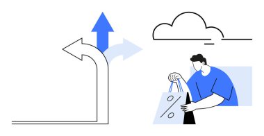 Bulutun altında yüzdelik işaretli, yukarı ve yönlü oklarla çevrili torbaları elinde tutan adam. Tüketici davranışı, karar verme, perakende trendler, pazarlama stratejileri, e-ticaret için ideal