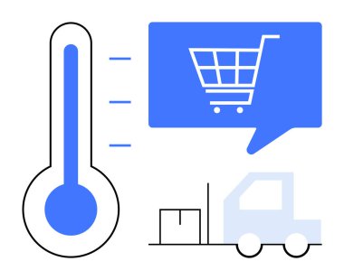 Sıcaklık ölçer, alışveriş arabası ikonlu konuşma balonu ve kutulu teslimat kamyonu. E-ticaret, lojistik, sıcaklığa duyarlı nakliye, çevrimiçi perakende, dijital