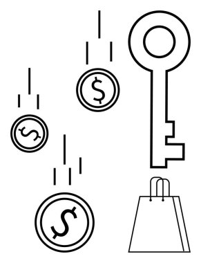 Dolar işaretleri, anahtar ve alışveriş çantası özeti olan bozuk paralar. Finans, güvenlik, ticaret, alışveriş, yatırım işleri için ideal ekonomik büyüme. Satır metaforu