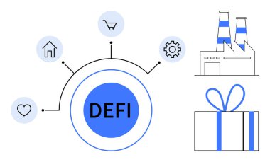Merkez mavi daire. DEFI etiketli. Ev, araba, dişli, kalp ikonlarına bağlı. Fabrika, hediye kutusu görüntüleri sağda. Finans, teknoloji, yatırım yenilikçiliği ekonomi sektörü için ideal