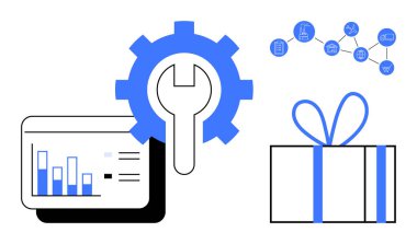 Bar graph on a computer screen, wrench inside a gear, network diagram, and wrapped gift. Ideal for business analytics, digital tools, workflow processes, automation, productivity project management clipart