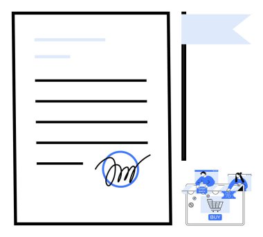 İmzalı bir belge, bir bayrak pankartı ve çevrimiçi alışveriş sürecine katılan kullanıcılar. E-ticaret, sözleşmeler, anlaşmalar, dijital imzalar, yasal işlemler, online alışveriş için ideal