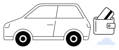 Banka kartlı araba ve cüzdan. Ulaşım, araç alımları, otomotiv endüstrisi, finans hizmetleri, ödeme yöntemleri, online işlemler, bankacılık için ideal. Satır metaforu