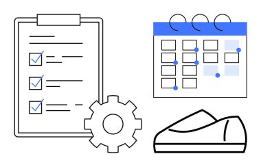 Kontrol listesi, çark, takvim ve planlama, teslim tarihleri ve iş hayatı dengesini temsil eden koşu ayakkabıları olan pano. Üretim, organizasyon, görev yönetimi, teslim tarihleri, fitness için ideal