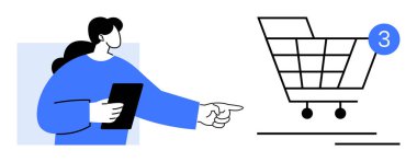 Elinde tablet olan bir kadın, üç öğe gösteren bir tebligatla bir alışveriş arabasını işaret ediyor. Çevrimiçi alışveriş, e-ticaret, dijital pazarlama, müşteri ilişkileri, perakende teknolojisi, tüketici