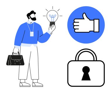 İş adamı bir elinde ampul, diğer elinde evrak çantası, mavi daireli bir ikon, asma kilit. Yenilik, güvenlik, onay, iş fikirleri, profesyonel kavramlar, yaratıcı