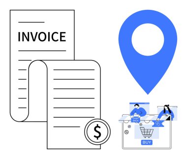 Fiş ve dolar madeni para simgesi mavi bir işaret ve online bir alışveriş arabasının yanında. E-ticaret, temassız ödemeler, mali işlemler, çevrimiçi alışveriş, fatura, iş için ideal