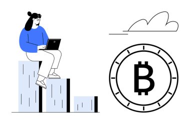 Çubuk grafikte oturan kişi, dizüstü bilgisayar kullanıyor, büyük bir Bitcoin sembolünün ve bulutun yanında. Kripto para birimi analizi, finans, dijital varlık yönetimi, engelleme zinciri teknolojisi, pazar eğilimleri için ideal