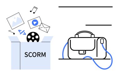 İçinde fotoğraflar, e-posta, video, kod, müzik ikonları ve modern evrak çantası olan SCORM kutusu. eLearning, online kurslar, dijital içerik, multimedya, eğitim platformları, sanal sınıflar, mesafe
