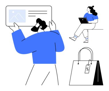 Sakallı adam paneli tutuyor, kadın tablet kullanıyor, yüzde etiketli alışveriş torbası. E-ticaret, çevrimiçi alışveriş, dijital pazarlama, teknoloji, tüketici davranışı, dijital