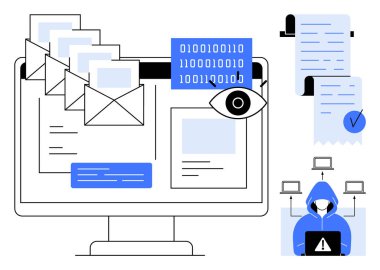 E- posta simgeleri, ikili kod, göz sembolü, işaretli belge ve başlıklı şekil ile bilgisayar ekranı gösteriliyor. Siber güvenlik, e-posta güvenliği, veri koruması, hack farkındalığı, bilişim güvenliği için ideal