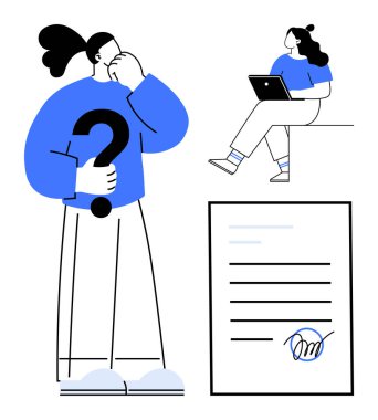 İki kişi soru işaretiyle etkileşime girer, diğeri de dizüstü bilgisayarla. İmzalı bir belge sahneyi tamamlar. Sorun çözme, işbirliği, uzak çalışma, karar verme, iletişim için ideal