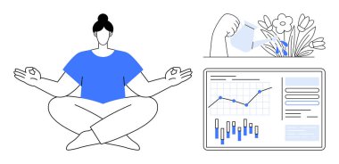 Kadın meditasyonu, el sulama bitkileri, analitik grafik ekranı. Sağlık, verimlilik, farkındalık, iş-yaşam dengesi, rahatlama, doğa bakımı, çoklu görev temaları için ideal. Satır metaforu