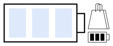 Bir alışveriş çantasının yanında şarj seviyeleri değişen pil sembolü. Perakende satış, enerji tasarrufu, sürdürülebilirlik, e-ticaret, pazarlama, tüketici davranışı, çevre dostu uygulamalar için ideal. Çizgi