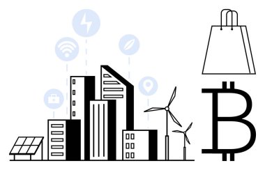 Rüzgar türbinleri, güneş panelleri, teknoloji, ticaret ve sürdürülebilir enerji alışveriş torbası sembolleri ve bitcoin ikonu olan kentsel binalar. Akıllı şehirler, teknoloji, alışveriş kriptosu için ideal