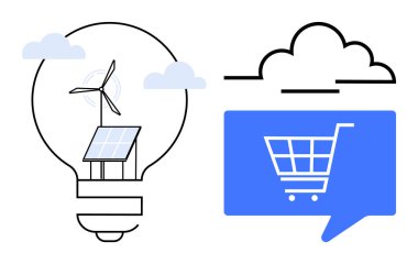 Rüzgar türbinli ampul, güneş paneli, bulutlar, bulut simgesi, mavi diyalog kutusunda dijital alışveriş arabası. Sürdürülebilirlik, e-ticaret, teknoloji, yenilik, yenilenebilir enerji, akıllı