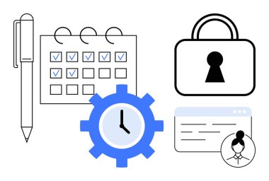 Kontrol işaretli bir takvimin, bir kilidin, bir dişlinin içinde bir saatin ve kullanıcı simgesi olan bir web tarayıcısının yanındaki kalem. Üretkenlik araçları, zamanlama, siber güvenlik, zaman yönetimi, çevrimiçi güvenlik için ideal